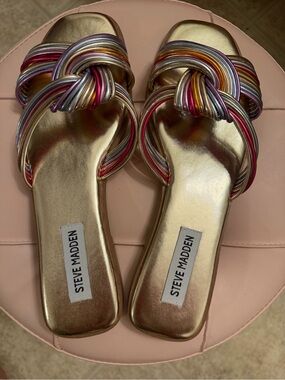 Steve Madden Metallic Gold Slides with Multicolor Knotted Straps